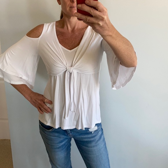 White Cold Shoulder Tie Front Top - Picture 6 of 14